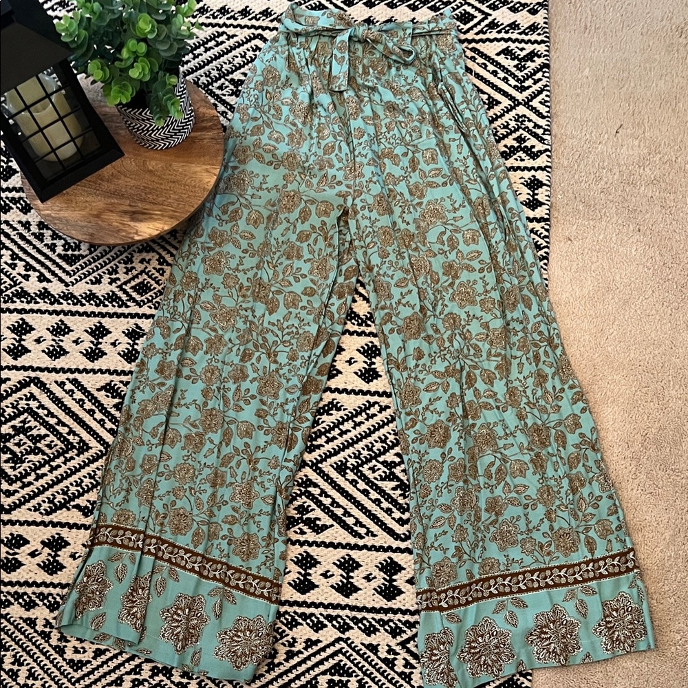 New Look Teal and Brown Floral Wide-Leg Pants